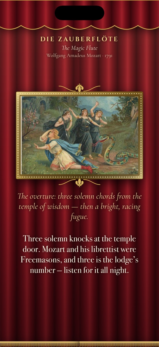 The Magic Flute overture: a closed curtain with a painting in a gilt frame.