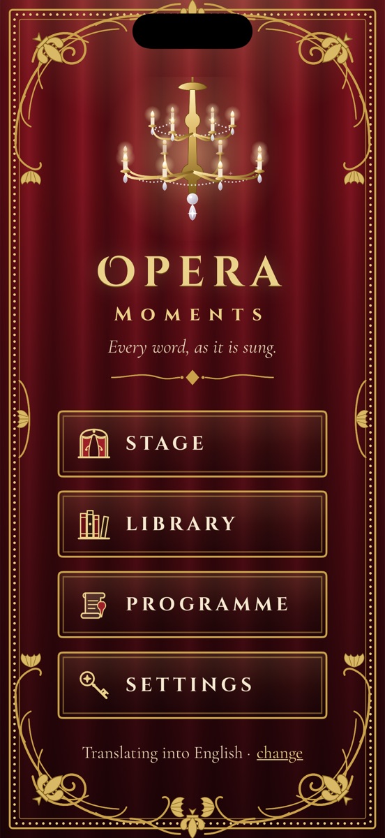 The Opera Moments home screen: a chandelier over red velvet and gold.